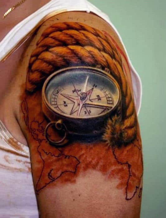 Realistic Optical Illusion Rope With Compass Mens Upper Arm Tattoos