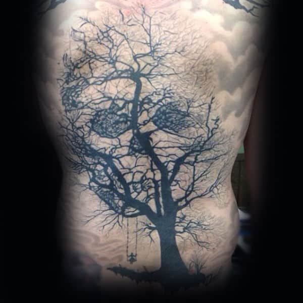 Realistic Optical Illusion Tree Skull Mens Back Tattoo