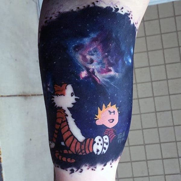 Realistic Outer Space Calvin And Hobbes Guys Quater Sleeve Tattoo