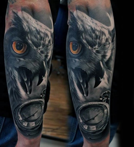 Realistic Owl Pocket Watch Forearm Sleeve Tattoos For Guys