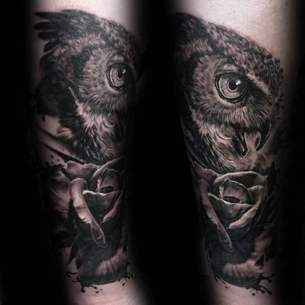 Realistic Owl With Rose Flower Forearm Tattoos For Males