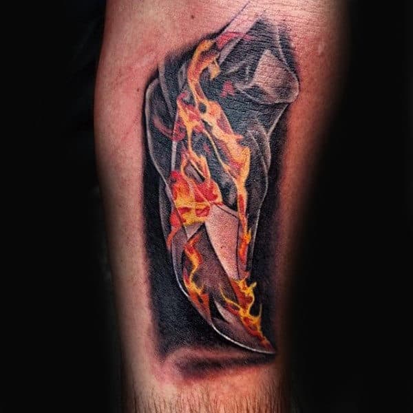 Realistic Paper On Fire Mens Arm Tattoo