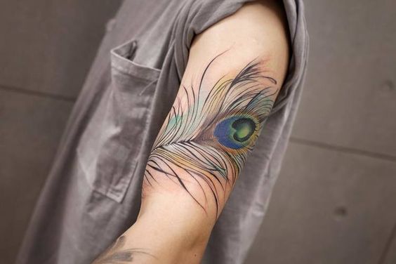 Realistic peacock feather tattoo on the upper arm, featuring soft shading, delicate linework, and vibrant blue and green hues in the eye pattern.