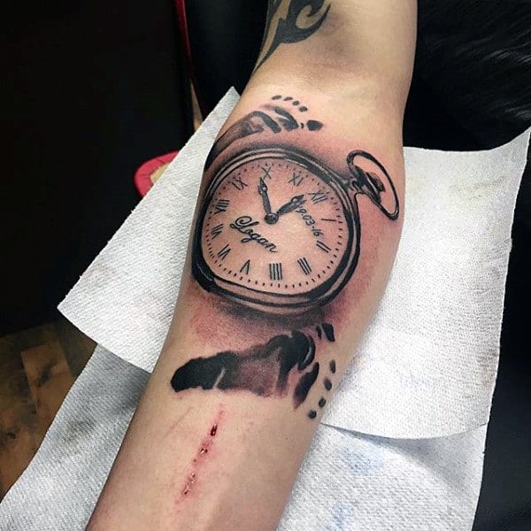 Realistic Pocket Watch Footprint Mens Inner Forearm Tattoo Designs