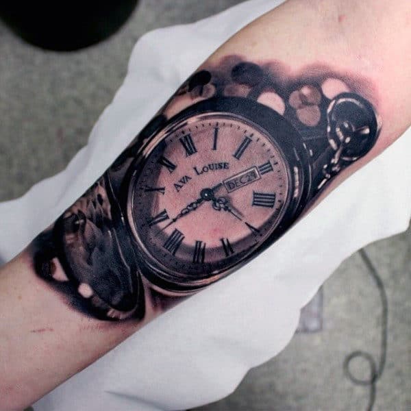 Realistic Pocket Watch Inner Forearm Tattoo Designs For Men
