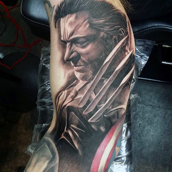 Realistic Portrait Of James Howlett Guys Wolverine Arm Tattoos