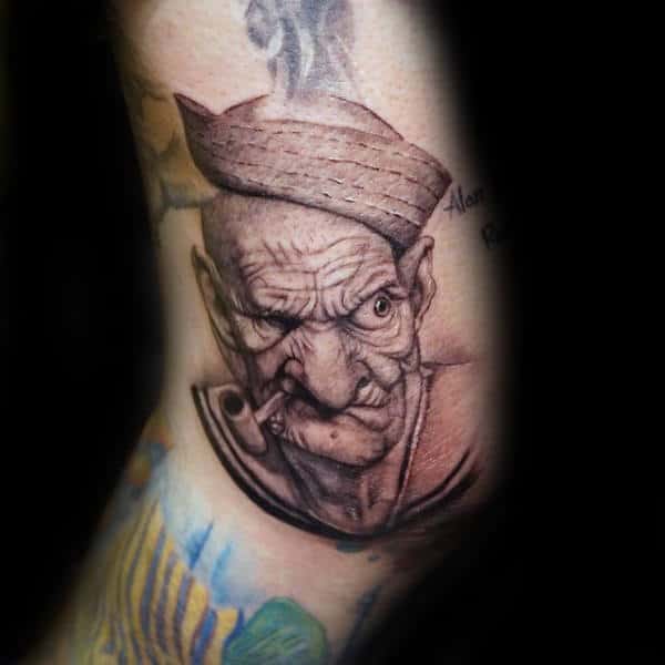 Realistic Portrait Of Popeye Male Leg Tattoo