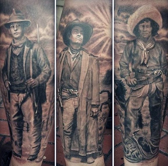 Realistic Portrait Tattoos Of Cowboys In Black And Grey Shaded On Men