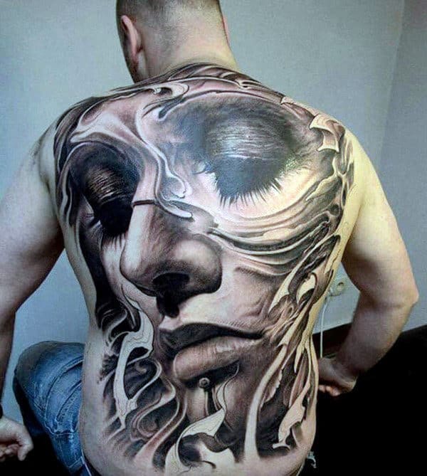 Realistic Profile Of Depressed Lady Tattoo Mens Full Back