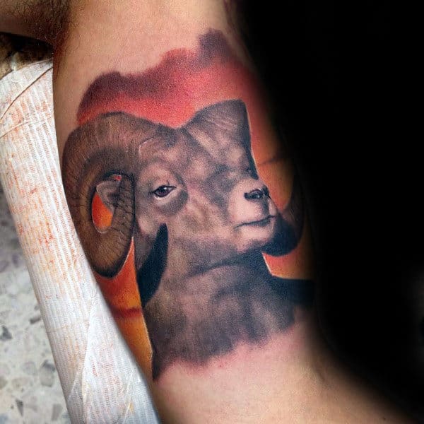 Realistic Ram Watercolor Male Bicep Inner Arm Tattoos