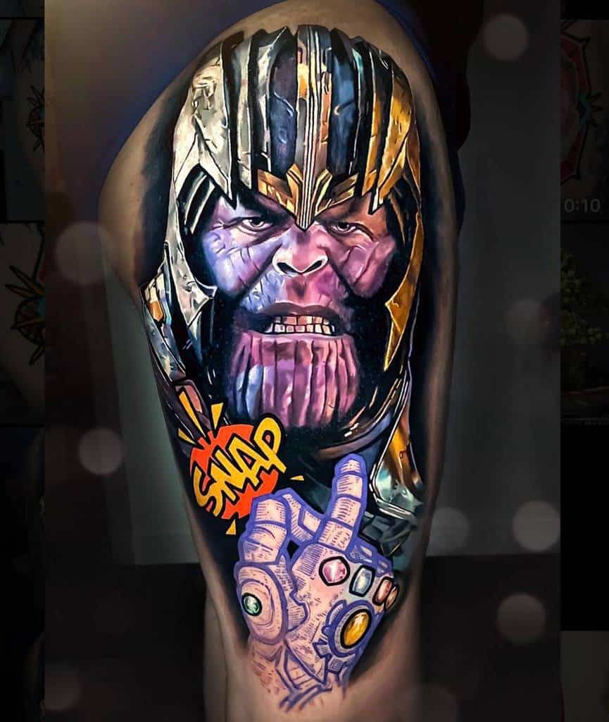 A colorful tattoo of Thanos with his intense expression, holding the Infinity Gauntlet and making the "snap" gesture, accompanied by a "SNAP" text