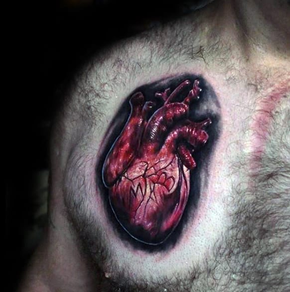 Realistic Red Heart Crazy Guys Chest Tattoos