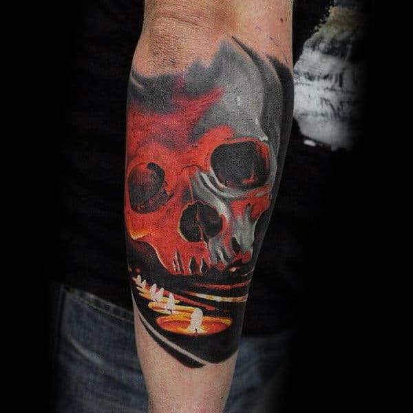 Realistic Red Ink Skull With Candles Forearm Sleeve Mens Tattoos