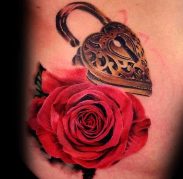 Realistic Red Rose Flower With Gold Heart Lock Mens Rib Cage Side Tattoo