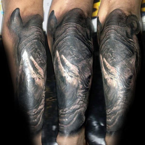 Realistic Rhino Mens Leg Tattoos