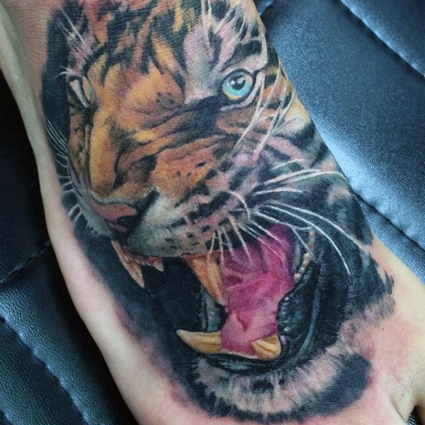 Realistic Roaring Tiger Tattoo On Foot