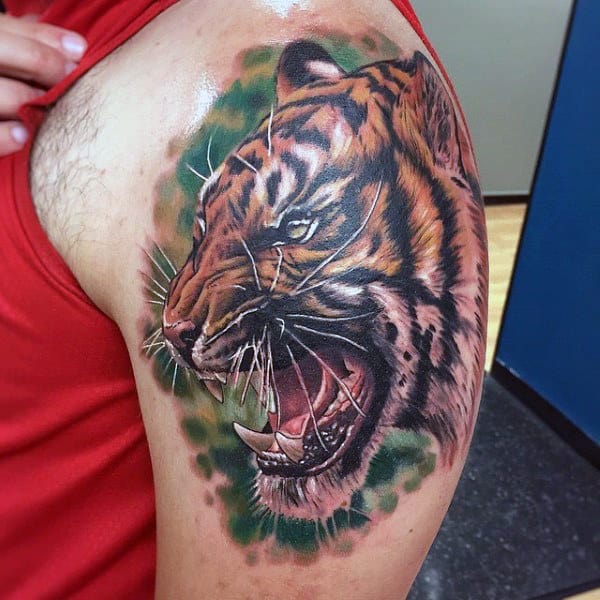 Realistic Roaring Tiger Watercolor Tattoo On Arms For Men