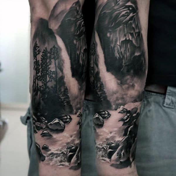Realistic Rocks Waterfall Mens Forearm Sleeve Tattoo 3d Design