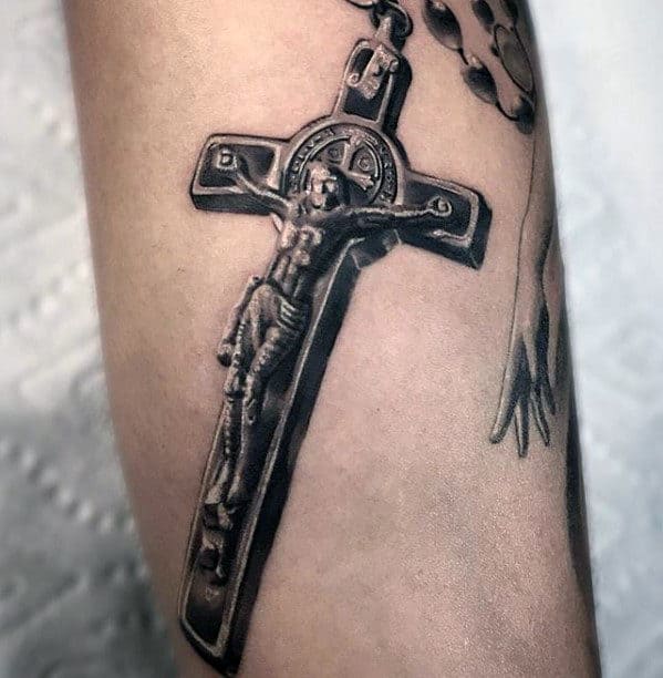 Realistic Rosary Cross Mens Badass Tattoo On Forearm