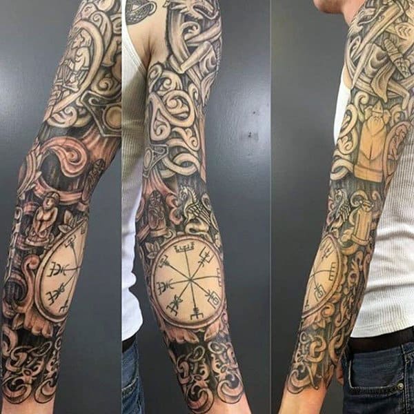 Realistic Rune Wood Carving Mens Knotwork Full Sleeve Tattoo