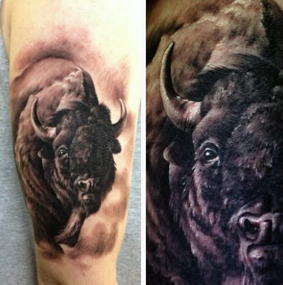 Realistic Running Bison Mens Arm Tattoo
