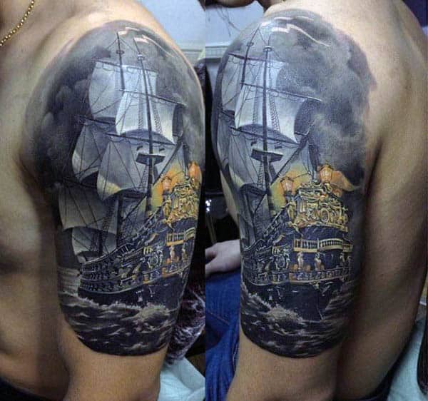 Realistic Sailboat Half Sleeve Tattoos For Gentlemen