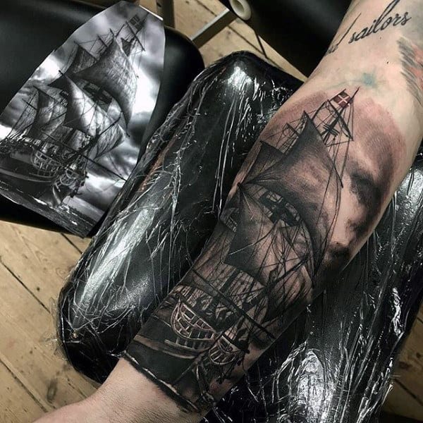 Realistic Sailing Ship Modern Mens Forearm Tattoo Design Ideas