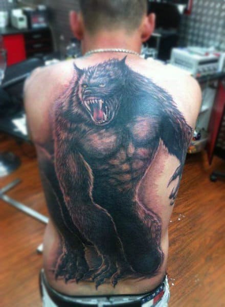 Realistic Scary Werewolf Tattoo Male Full Back