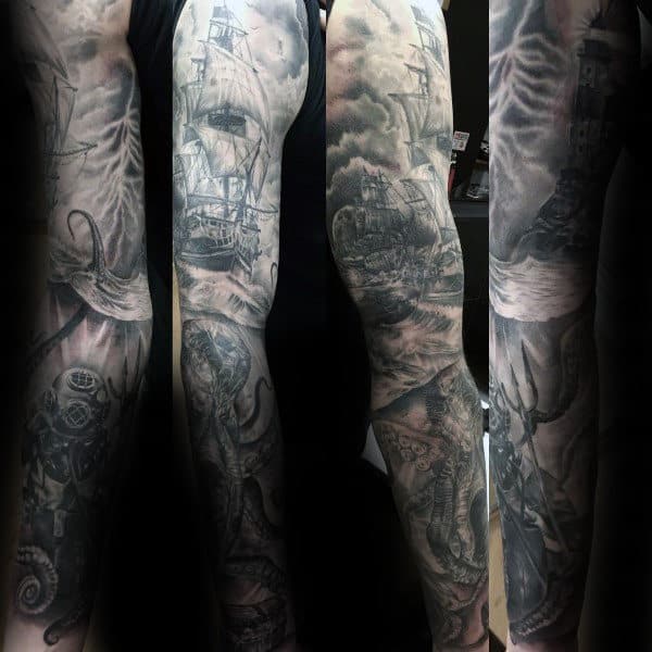 Realistic Scuba Diver Underwater Mens Kraken Sleeve Tattoos