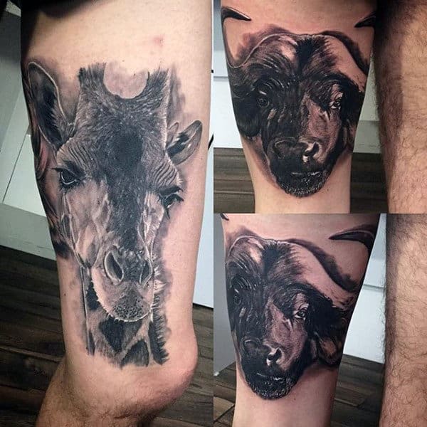 Realistic Shaded Black And Grey Ink Male Giraffe Thigh Tattoos