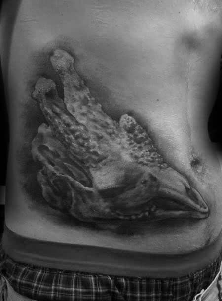 Realistic Shaded Black And Grey Male Giraffe Rib Cage Side Skull Tattoo