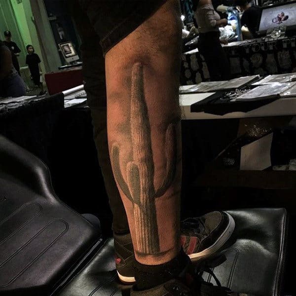 Realistic Shaded Cactus Leg Tattoo For Gentlemen