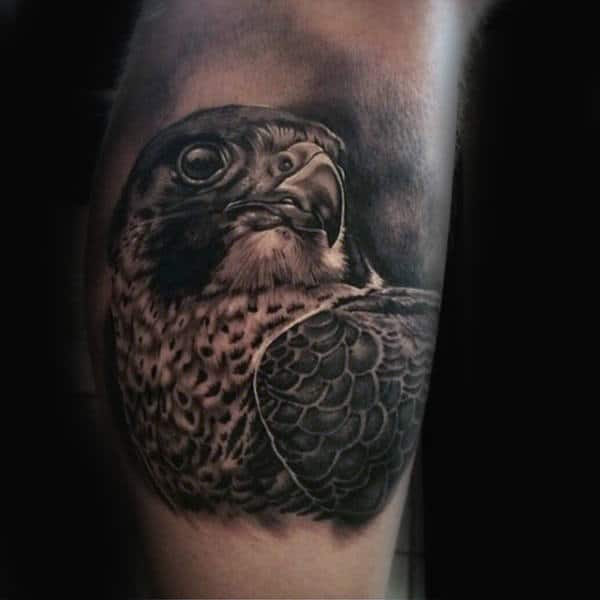 Realistic Shaded Falcon Grey And Black Tattoo On Leg Calf For Men