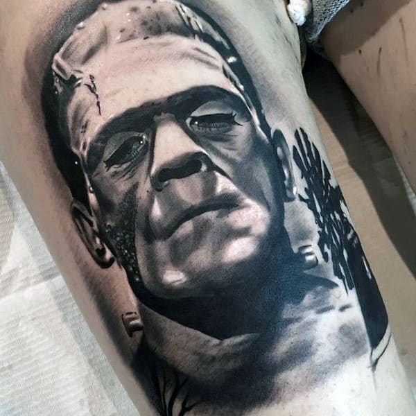 Realistic Shaded Frankenstein Tattoo On Mans Thigh
