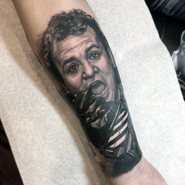 Realistic Shaded Portrait Forearm Sleeve Ghostbusters Male Tattoo Ideas