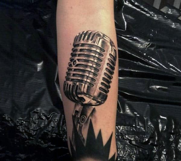 Realistic Shiny Metal Microphone Tattoo Males Forearms