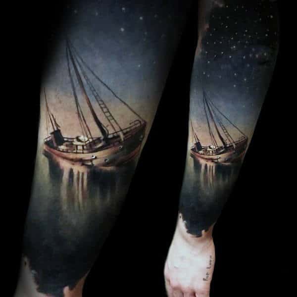 Realistic Ship At Sea With Night Sky Guys Nautical Forearm Sleeve Tattoos