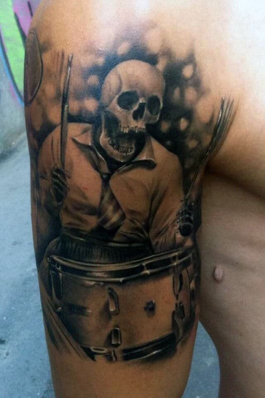 Realistic Skeleton Playing Drums Mens Half Sleeve Tattoo