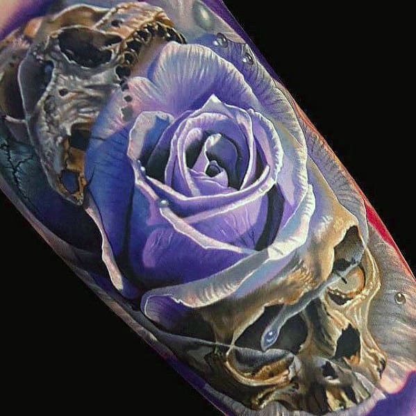 Realistic Skull With Purple Rose Flower Mens Arm Tattoo
