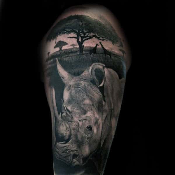 Realistic Sleeve Rhino Tree Mens Africa Tattoos