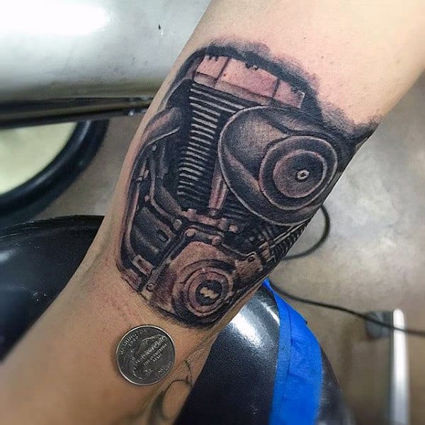 Realistic Small Harley Davidson Engine Mens Shaded Forearm Tattoos