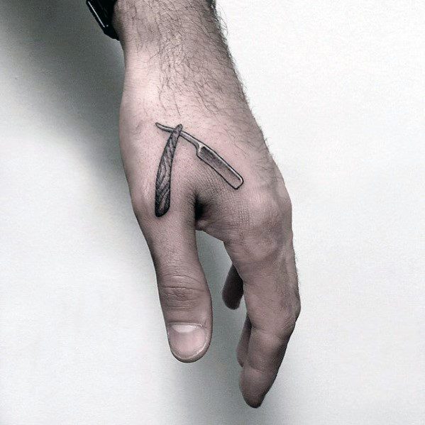 Realistic Small Mens Straight Razor Hand Tattoo