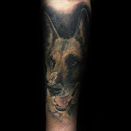 Realistic Smiling German Shepherd Mens Forearm Tattoo Design Ideas