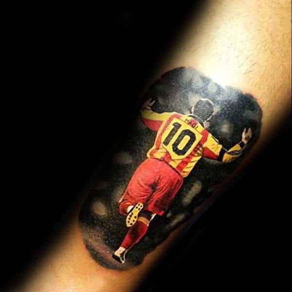 Realistic Soccer Player Cheering On Fans Mens Forearm Tattoos
