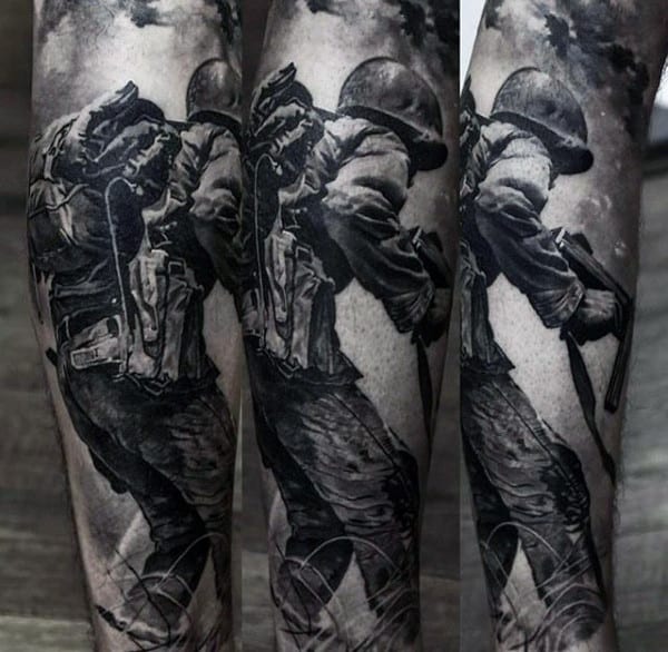 Realistic Solider In Combat Crazy Mens Forearm Tattoo Ideas