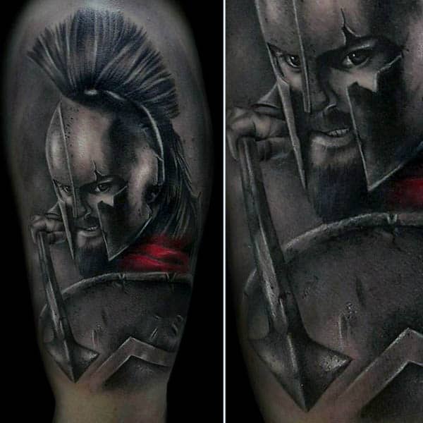 Realistic Spartan With Spear Mens Shaded Grey And Red Ink Half Sleeve Tattoos