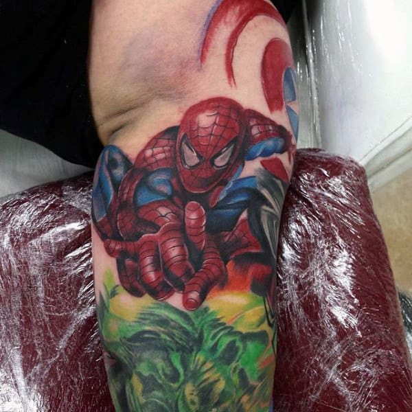 Realistic Spiderman Tattoo Guys Forearms