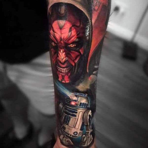 Realistic Star Wars Themed Male Rd2d Tattoo Sleeve Ideas