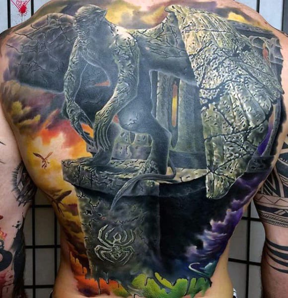 Realistic Stone Carved Ogre With Large Wings Tattoo Males Full Back