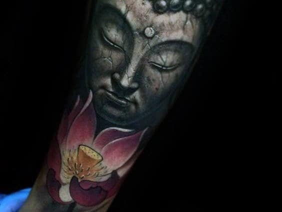 realistic-stone-lotus-flower-buddha-mens-tattoos-on-forearm